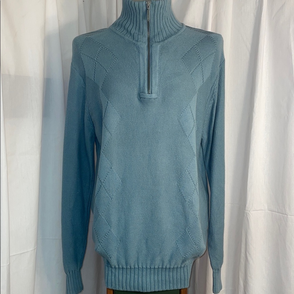 Geoffrey Beene teal cotton mock turtleneck sweater with a‎ quarter-zip. Sz Large